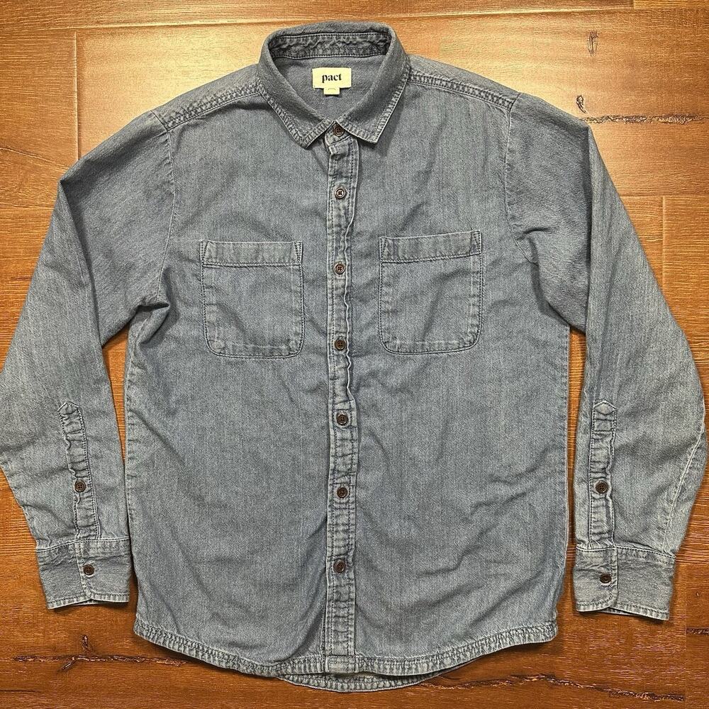 Pact Button Up Denim Shirt Mens S Blue Mid Wash Long Sleeve Organic Eco Retro